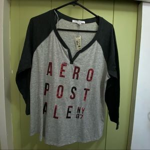 AEROPOSTALE Women’s Raglan V-neck Baseball Style Logo TShirt NWT Gray Dark Gray